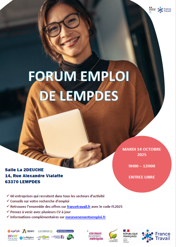 Forum emploi mardi 14 octobre à Lempdes (63)